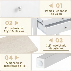 Toucador pequeno com espelho 60 x 40 x 132 cm, luz LED ajustável, tomadas, gavetas, estante aberta, tampo de vidro, para quarto, para espaços reduzido