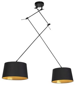 Candeeiro de suspensão preto com abajures de algodão preto e dourado 35 cm 2-luzes - Blitz Moderno