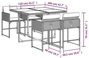 5 pcs conjunto de jantar p/ jardim c/ almofadões vime PE cinza