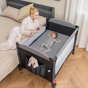 Berço de viagem para bebés de 0 a 3 anos com trocador, colchão, brinquedos pendurados, caixa de música, altura ajustável, rodas preto