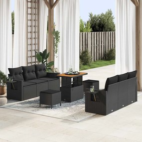 vidaXL Conjunto de Sofá de Jardim com almofada 9 pcs Preto vime PE