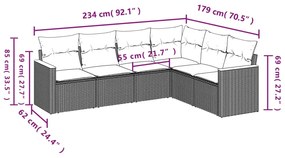 6 pcs conjunto sofás de jardim c/ almofadões vime PE preto