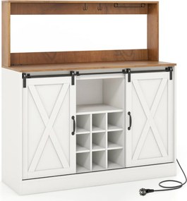 Armário de café-bar 120 x 40 x 127,5 cm com estação de carregamento Portas deslizantes Garrafeira amovível Estantes ajustáveis Branco e nogueira