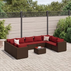 vidaXL 10 pcs conjunto lounge jardim c/ almofadões vime PE castanho