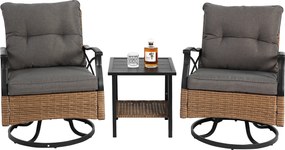 Conjunto de cadeiras de baloiço giratórias para exterior, Conjunto 3 peças com 1 mesa e 2 cadeiras de baloiço, Função giratória e de baloiço 360°, Castanho+Cinzento| AOSOM Portugal