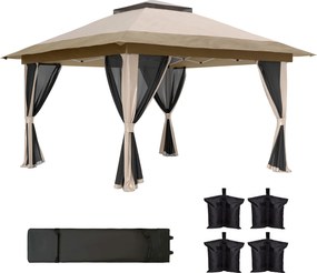 Outsunny Tenda Dobrável 3,6x3,6 m com Laterais de Rede UPF50+ Altura Ajustável Bolsa com Rodas e Sacos de Areia Bege | Aosom Portugal