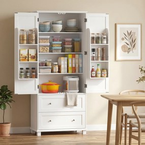 Armário alto de cozinha, armário de cozinha com 2 portas, 2 gavetas, 6 suportes para prateleiras, prateleiras ajustáveis, 80 x 39,5 x 184,5 cm, branco