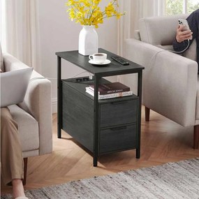 Mesa de apoio, mesa de cabeçeira com 2  tomadas eléctricas e 2 portas USB com 2 gavetas cinzento antracite-preto clássico