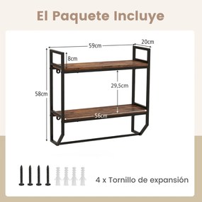 Prateleira flutuante de 2 níveis com toalheiro com estrutura metálica para parede de sala, cozinha e casa de banho 59 x 20 x 58 cm Castanho