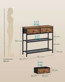 Mesa consola  76,7 x 30 x 78,7 cm, 2 gavetas castanha vintage