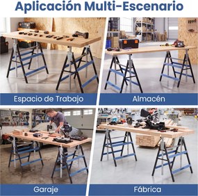Conjunto de 2 Cavaletes de Trabalho, 69 x 56 x 80-130 cm, Altura Regulável, Preto+Azul