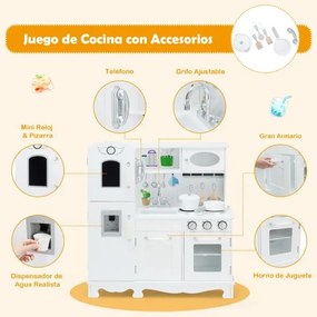 Cozinha de brincar para crianças em madeira com acessórios Telefone, lava-loiça, forno, frigorífico, refrigerador, dispensador de água, luz e som Bran