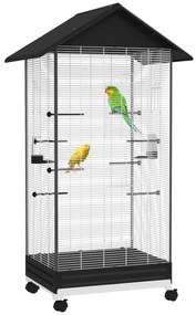 PawHut Gaiola para Pássaros Metálica com com Rodas Bandeja Amovível 4 Portas 2 Comedouros e 8 Poleiros 79x65x155 cm Preto