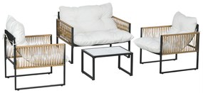 Outsunny Conjunto de Móveis de Jardim de Vime Sintético 4 Peças com 2 Poltronas 1 Sofá de 2 Lugares 1 Mesa de Centro e Almofadas Creme