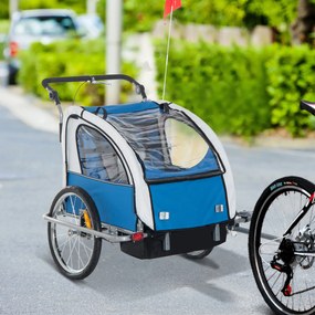 Reboque de Bicicleta para Crianças com 2 lugares e Roda 360º com Acoplamento Universal - Cinzento e Azul - 125x88x107cm