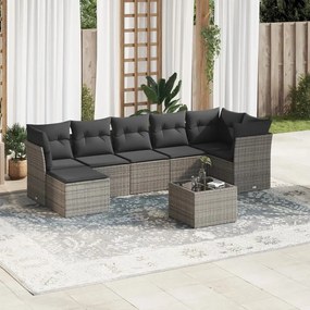 8 pcs conjunto sofás de jardim c/ almofadões vime PE cinzento