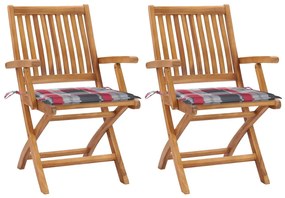 vidaXL Cadeiras jardim c/ almofadões xadrez vermelho 2 pcs teca maciça