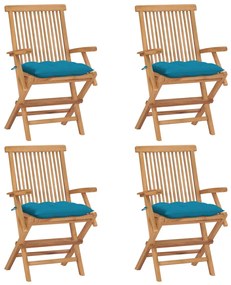 vidaXL Cadeiras de jardim c/ almofadões azuis-claros 4 pcs teca maciça