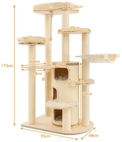 Arranhador de madeira de 173 cm com caverna para gatos, tapetes, bola e corda para pendurar, árvore para gatos cinza