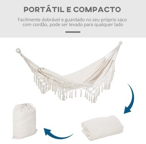 Cama de Rede Suspensa 288x150 cm de Algodão com Bolsa de Transporte Capacidade 180 kg para Pátio Terraço Campismo Creme