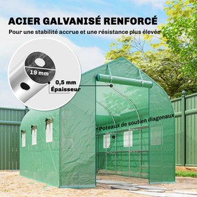 Estufa tipo túnel de 6 m², 198 L x 293 P x 194 A cm com prateleiras, porta e 6 janelas, estrutura em aço galvanizado, verde