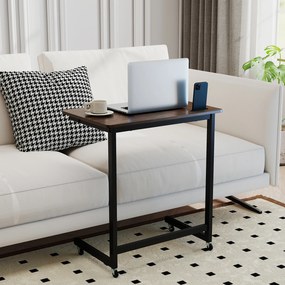 Mesa auxiliar em forma de C com rodas 60 x 39,5 x 66 cm, ranhura para telefone integrada, base baixa para poupar espaço, para sala e quarto, Castanho