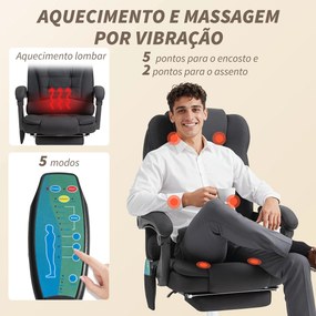 Cadeira de Escritório com 6 Pontos de Massagem Giratória com Encosto Reclinável 135º Função de Aquecimento 65x70x111-119 cm Preto