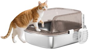 PawHut Caixa de Areia para Gatos Coberto Extra Grande Caixa de Areia Fechada com Bandeja em Aço Inoxidável Bordas Altas Pá e Zona para Queda de Areia para Gatos Grandes 53x42x27 cm Cinzento