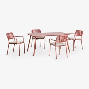 Conjunto De Mesa Retangular 160x90 Cm E 4 Cadeiras De Jantar Empilháveis Em Corda Trançada Arhiza Terracota - Sklum