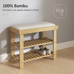 Banco Sapateira de Bambu Sapateira com Assento Almofadado 2 Prateleiras para 6 Pares de Sapatos 60x29x49 cm Madeira e Creme