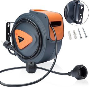 Enrolador automático com extensão eletrica de 15 m + 1,5 m de cabo de ligação 31 x 13,5 x 27 cm Cinzento + Laranja