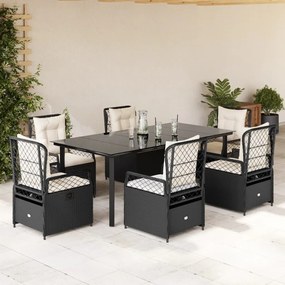7 pcs conjunto de jantar p/ jardim c/ almofadões vime PE preto