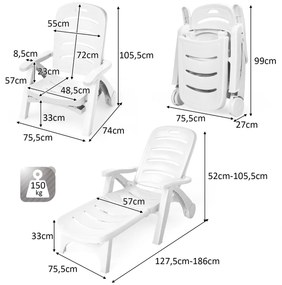 Espreguiçadeira de jardim dobrável Cadeira reclinável ajustável para exterior com 5 posições Rodas Robusta jardim Piscina Praia Branca