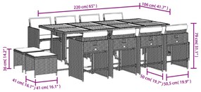 13 pcs conjunto jantar p/ jardim c/ almofadões vime PE cinzento