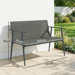 Banco de jardim de 2 lugares em resina trançada e aço 110 x 58 x 78 cm, com braços, encosto e pés ajustáveis, cinzenta
