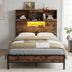 Estrutura de Cama de Casal, 221 x 142 x 141,5 cm (COLCHÃO NÃO INCLUIDO), Iluminação LED Ajustável, Castanho+Preto