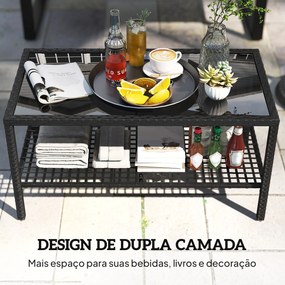 Mesa de Centro de Jardim em Ratã com Prateleira e Tampo de Vidro Temperado Estrutura de Aço 92x50x45 cm Preto