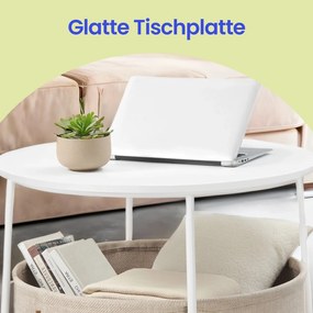 Mesa de centro 75 cm de diâmetro com cesto em tecido branco mate e castanho-camel