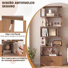 Estante de 5 Níveis com Armário de 2 Portas, 70 x 23 x 183 cm, Design em Forma de S, Natural