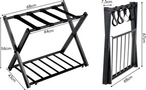 Estante dobrável de metal para bagagens até 60 kg com 4 correias estáveis e 2 pisos para casa e hotel 68 x 43 x 58 cm Preta