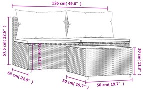 3 pcs conjunto lounge jardim c/ almofadões vime PE castanho