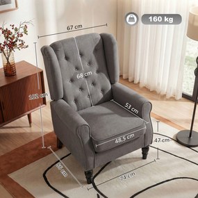 Poltrona de Sala, 86 x 74 x 102 cm, Encosto Alto Capitonado com Abas, Cinzento