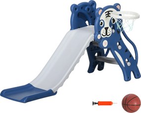 AIYAPLAY Escorrega para Crianças 2 em 1 com 2 Degraus Cesta de Basquetebol e Desenho de Tigre para Interior 133x60x70 cm Azul | Aosom Portugal