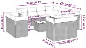 12 pcs conj. sofás jardim com almofadões vime PE cinzento-claro