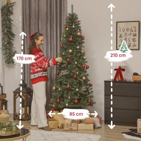 Árvore de Natal artificial de 210 cm, árvore de Natal esguia com 350 luzes, 1273 ramos, suporte metálico dobrável, verde