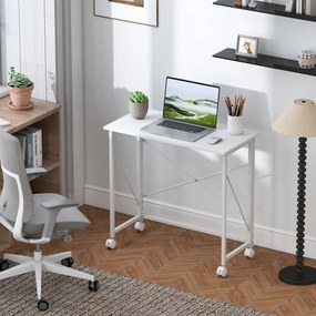 Secretária dobrável com mesa para computador de 80 x 40 cm com rodas, para escritório em casa, quarto e espaços pequenos, branca