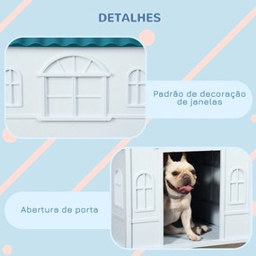 Casota para Cães 65x75,7x63 cm Casa para Cães com Janelas e Teto com Telhas de Imitação para Cães Médios Azul e Branco