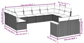12 pcs conjunto de sofás jardim c/ almofadões vime PE cinzento
