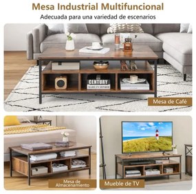 Mesa de centro 110 x 60 x 45 cm de 3 níveis com arrumação com estrutura metálica industrial Estante para sala de estar Castanho rústico