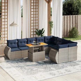 vidaXL 10 pcs conjunto sofás p/ jardim c/ almofadões vime PE cinzento